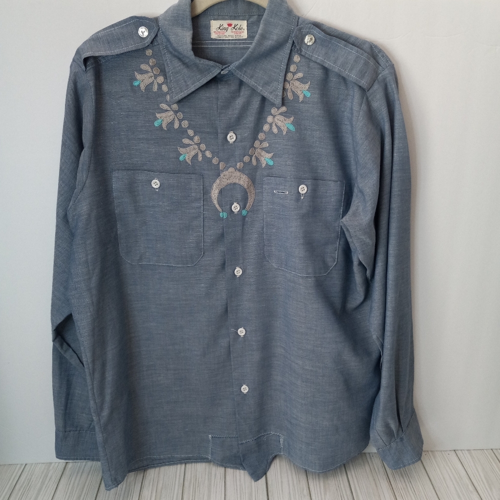 Vintage King Kole Hand Embroidered Southwestern Chambray Long Sleeve Shirt